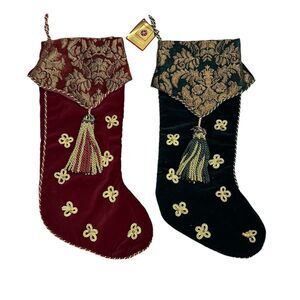 2 Velvet Christmas Stockings Green and Red Jacquard Dillards Trimmings New